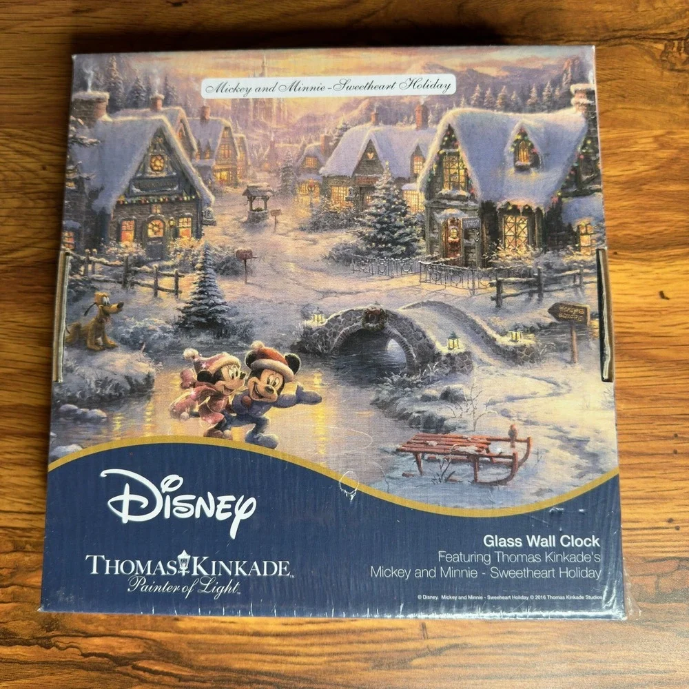 Disney‎ Mickey & Minnie Sweetheart Holiday Thomas Kinkade Glass Wall Clock